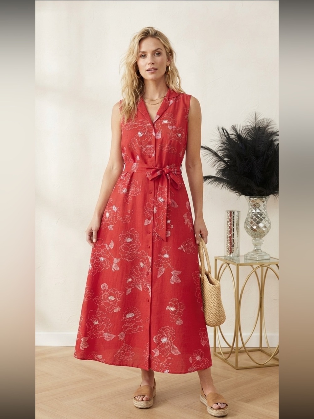 Vintage 90s White Stag Red Floral Linen Midi Dress 10⁠